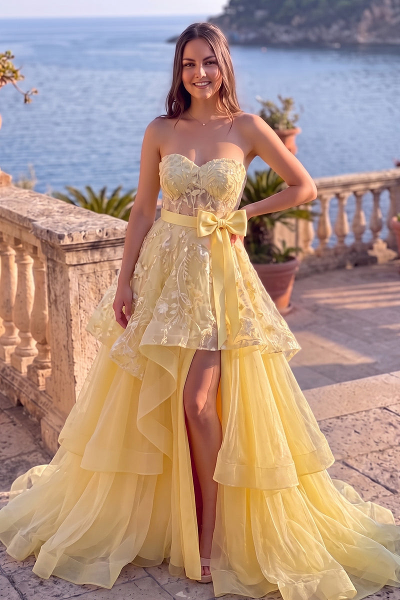 Load image into Gallery viewer, A Line Gold Ruffled Floral Tiered Sweetheart Long Prom Dress with Slit