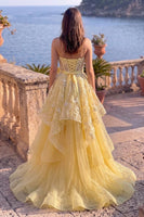 Load image into Gallery viewer, A Line Gold Ruffled Floral Tiered Sweetheart Long Prom Dress with Slit