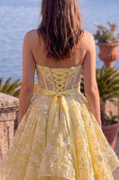 Load image into Gallery viewer, A Line Gold Ruffled Floral Tiered Sweetheart Long Prom Dress with Slit