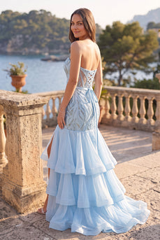 Sparkly Blue Mermaid Sweetheart Ruffled Maxi Prom Dress with Beading