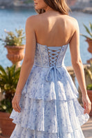 Load image into Gallery viewer, Floral Blue Corset Sweethert Ruffled Tiered Long Prom Dress with Pearls