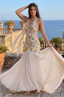 Load image into Gallery viewer, Pink Floral Mermaid Chiffon Halter Long Prom Dress