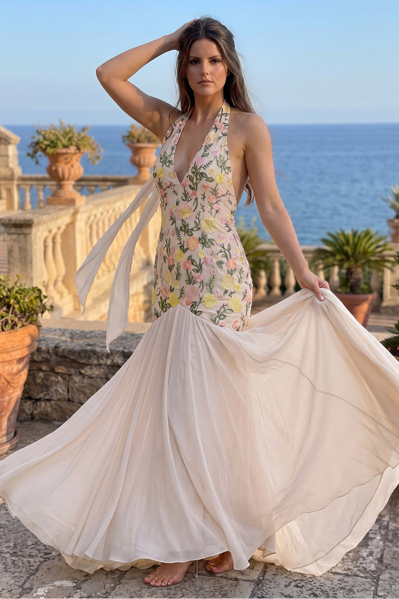 Load image into Gallery viewer, Pink Floral Mermaid Chiffon Halter Long Prom Dress