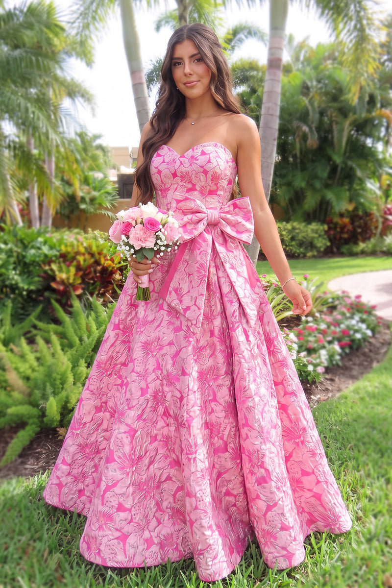 Load image into Gallery viewer, Pink A-Line Sweetheart Floral Jacquard Long Prom Dress with Bow