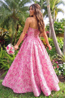 Load image into Gallery viewer, Pink A-Line Sweetheart Floral Jacquard Long Prom Dress with Bow