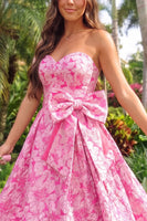 Load image into Gallery viewer, Pink A-Line Sweetheart Floral Jacquard Long Prom Dress with Bow