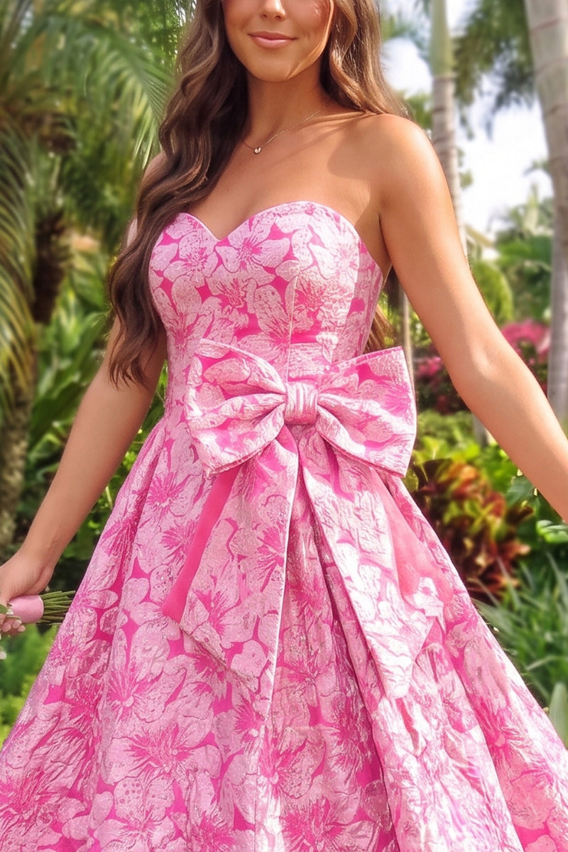 Load image into Gallery viewer, Pink A-Line Sweetheart Floral Jacquard Long Prom Dress with Bow