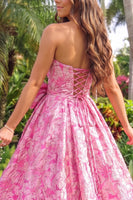 Load image into Gallery viewer, Pink A-Line Sweetheart Floral Jacquard Long Prom Dress with Bow