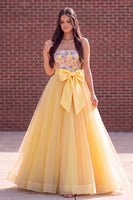 Load image into Gallery viewer, Sparkly Gold Ball Gown Strapless Floral Long Prom Dress with Bow