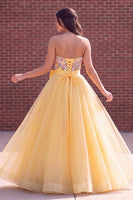 Load image into Gallery viewer, Sparkly Gold Ball Gown Strapless Floral Long Prom Dress with Bow