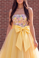 Load image into Gallery viewer, Sparkly Gold Ball Gown Strapless Floral Long Prom Dress with Bow