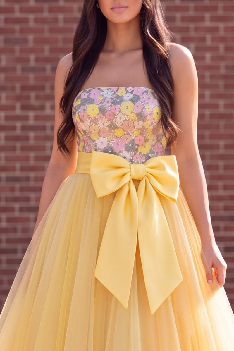Load image into Gallery viewer, Sparkly Gold Ball Gown Strapless Floral Long Prom Dress with Bow
