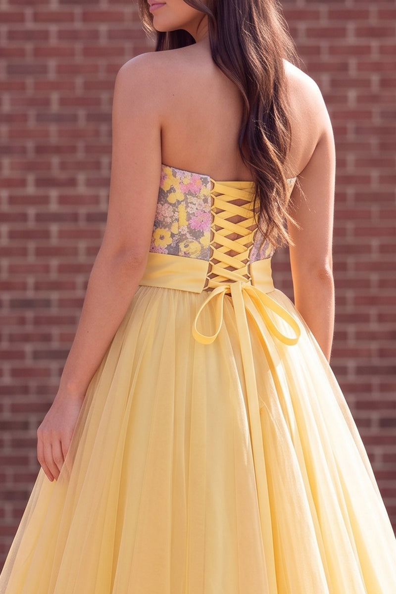 Load image into Gallery viewer, Sparkly Gold Ball Gown Strapless Floral Long Prom Dress with Bow