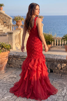 Burgundy One Shoulder Mermaid Ruffled Maxi Prom Dress with 3D Flowers