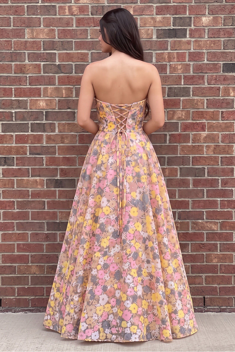 Load image into Gallery viewer, Sparkly Champagne Rose Sequin A-Line Floral Strapless Long Prom Dress