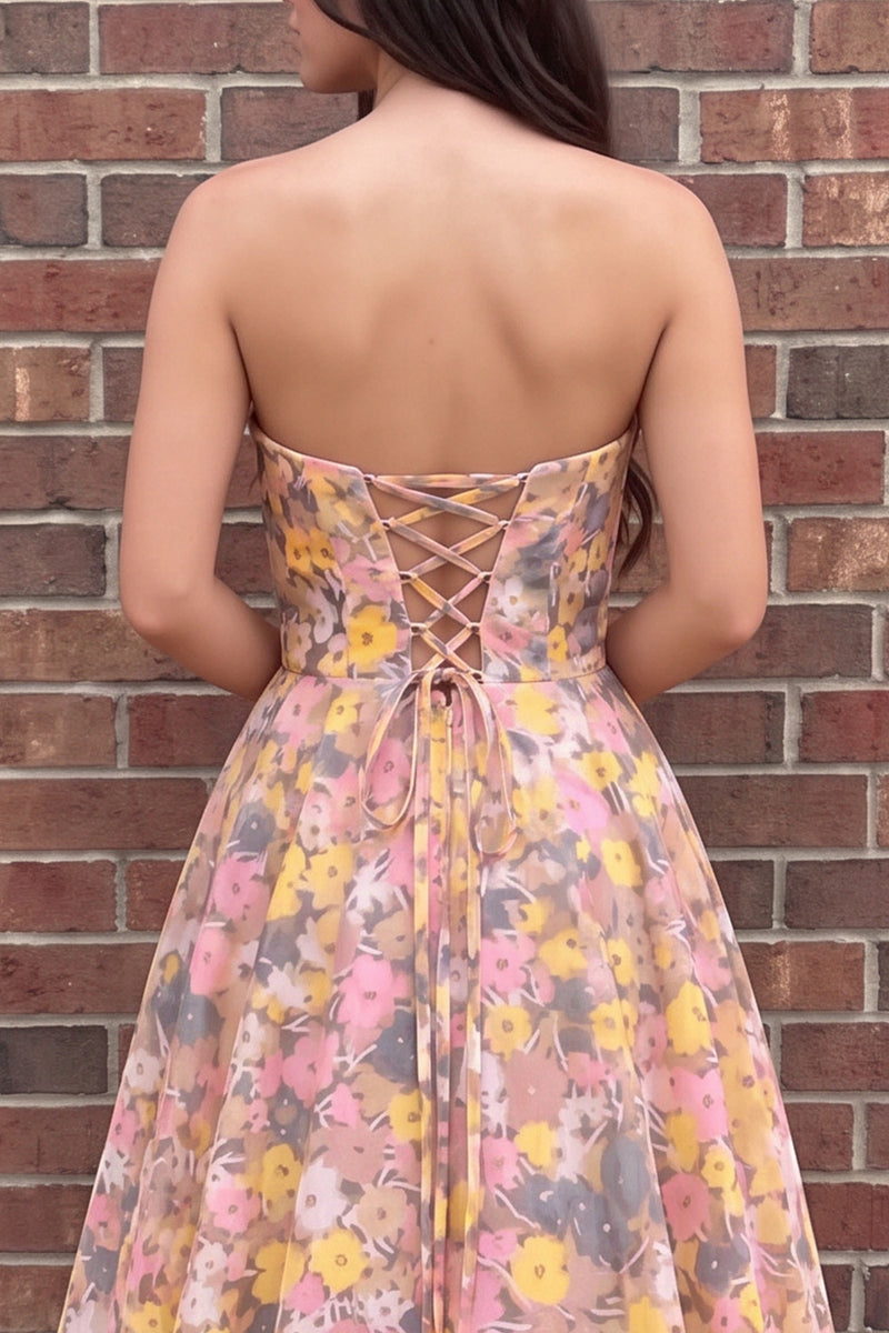 Load image into Gallery viewer, Sparkly Champagne Rose Sequin A-Line Floral Strapless Long Prom Dress