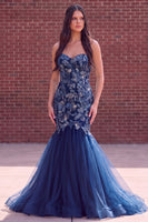 Load image into Gallery viewer, Sparkly Slate Blue Mermaid Sweetheart Tulle Long Prom Dress