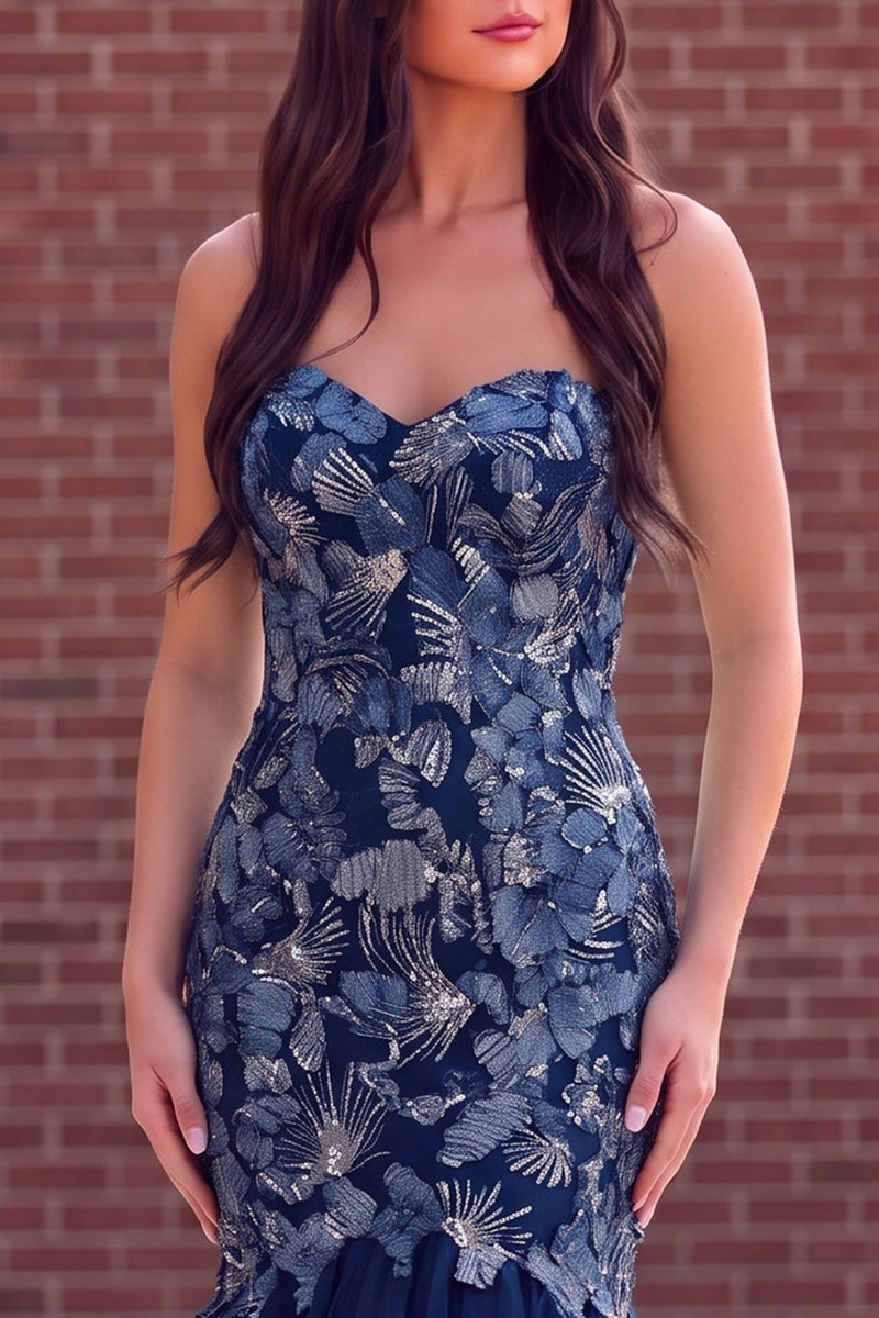 Load image into Gallery viewer, Sparkly Slate Blue Mermaid Sweetheart Tulle Long Prom Dress