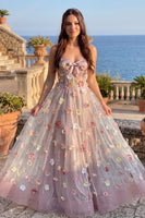 Load image into Gallery viewer, Pink Corset Sweetheart A-Line Long Prom Dress with 3D Flowers