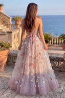 Load image into Gallery viewer, Pink Corset Sweetheart A-Line Long Prom Dress with 3D Flowers