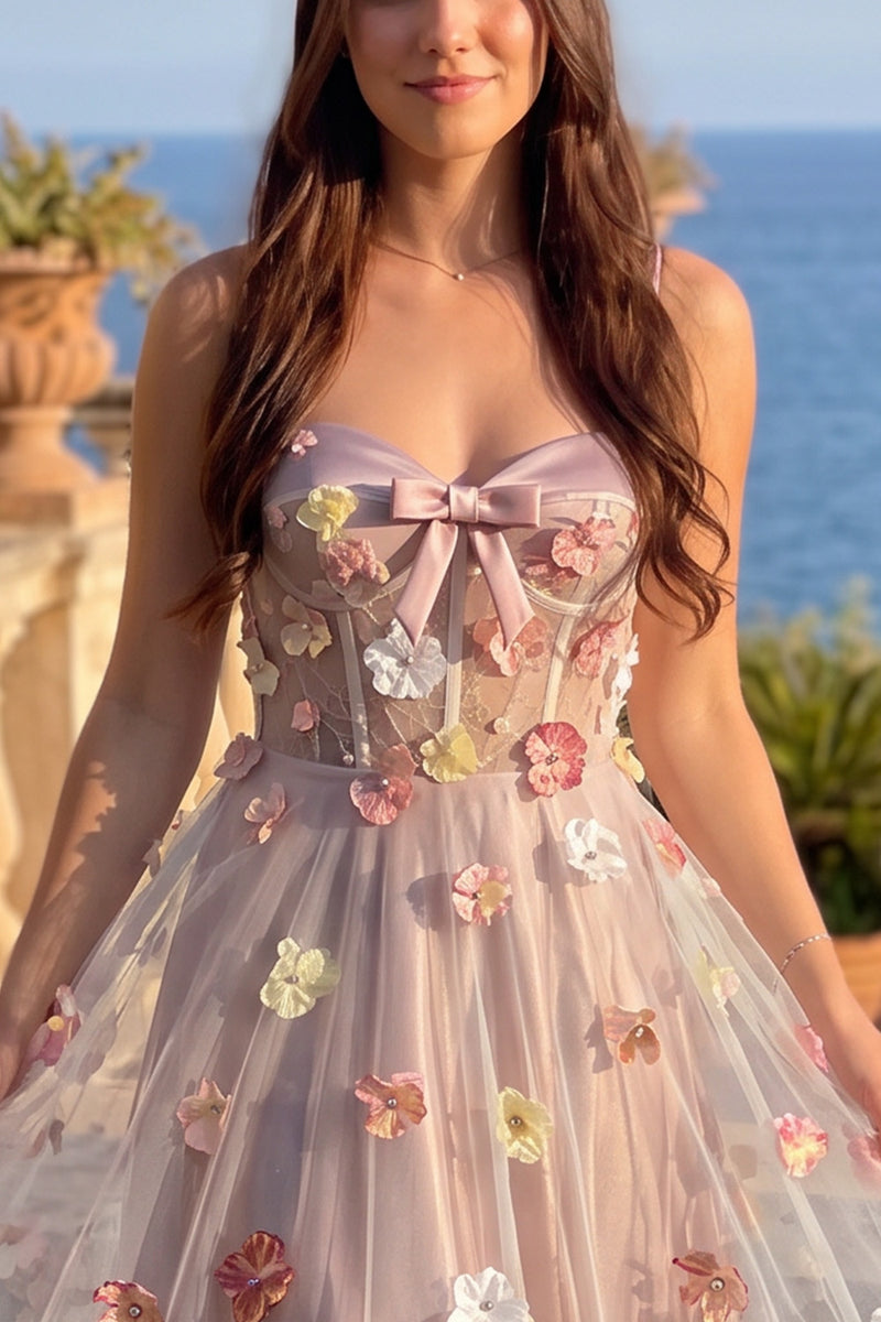 Load image into Gallery viewer, Pink Corset Sweetheart A-Line Long Prom Dress with 3D Flowers