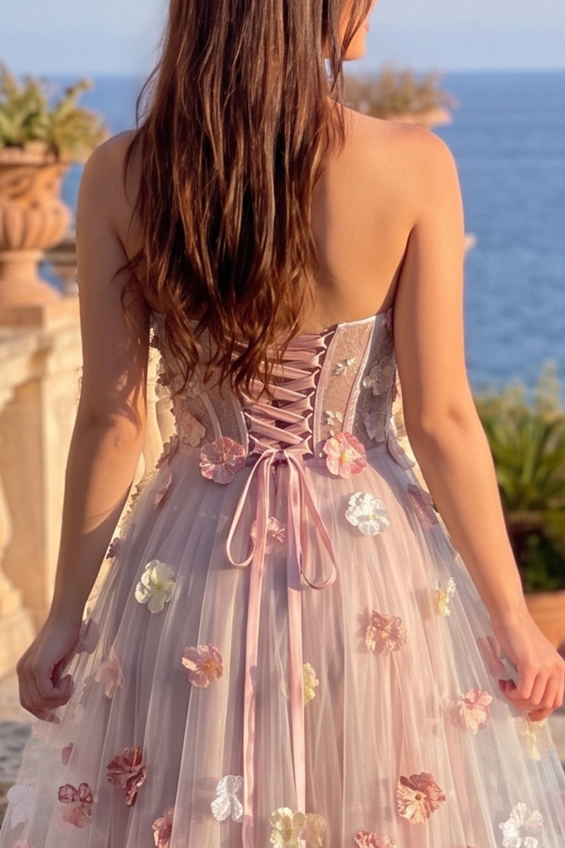 Load image into Gallery viewer, Pink Corset Sweetheart A-Line Long Prom Dress with 3D Flowers