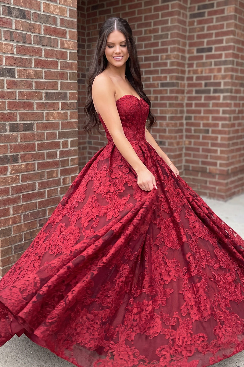 Load image into Gallery viewer, Burgundy Ball Gown Sweetheart Floral Long Prom Dress
