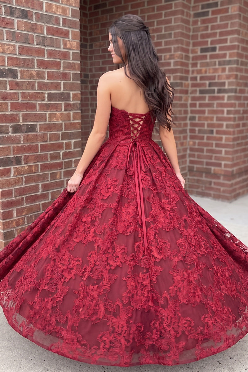 Load image into Gallery viewer, Burgundy Ball Gown Sweetheart Floral Long Prom Dress