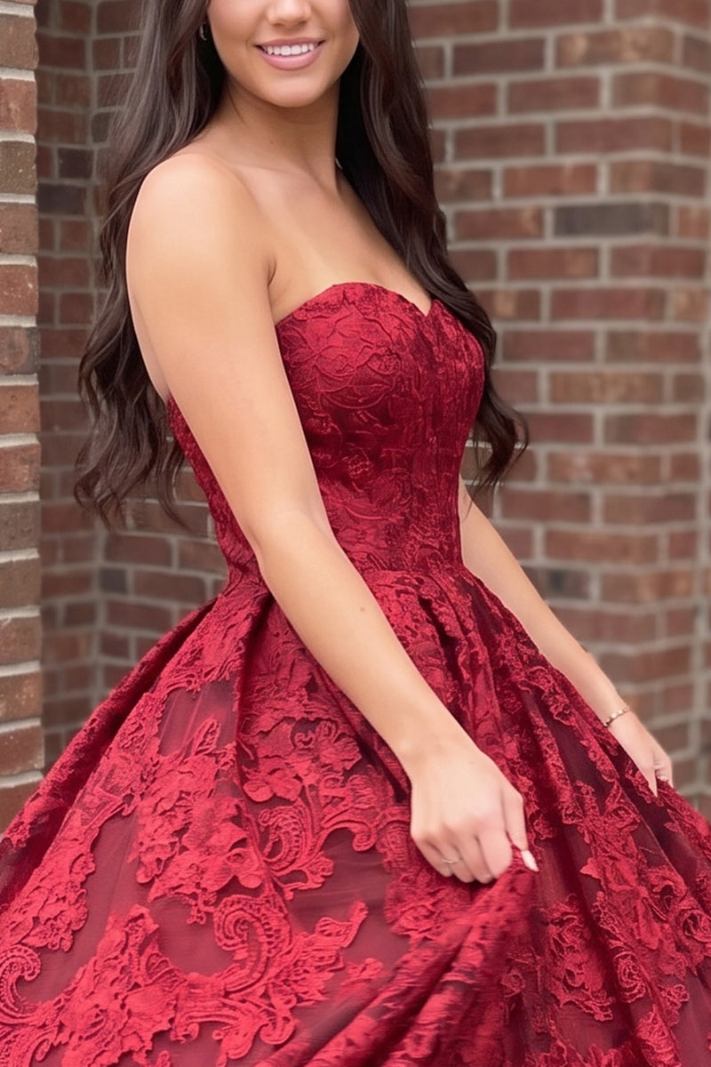 Load image into Gallery viewer, Burgundy Ball Gown Sweetheart Floral Long Prom Dress