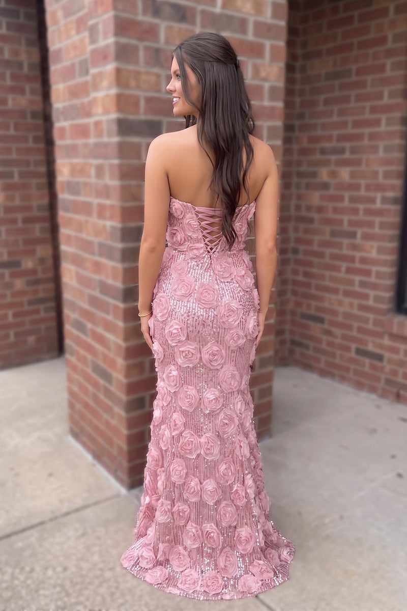 Load image into Gallery viewer, Pink Mermaid Sparkly Sequin Strapless Floral Long Prom Dress with Bow