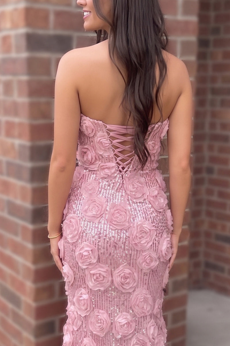 Load image into Gallery viewer, Pink Mermaid Sparkly Sequin Strapless Floral Long Prom Dress with Bow