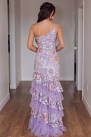 Load image into Gallery viewer, Sparkly Fog Mermaid Sequins One Shoulder Floral Ruffled Long Prom Dress