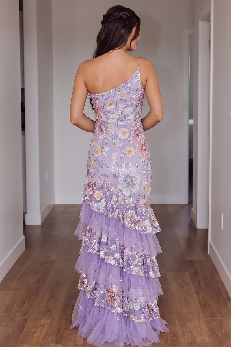 Load image into Gallery viewer, Sparkly Fog Mermaid Sequins One Shoulder Floral Ruffled Long Prom Dress