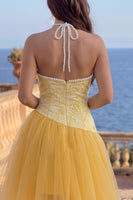 Load image into Gallery viewer, Sparkly Gold Halter A-Line Floral Hight Low Prom Dress with Pearls