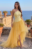 Load image into Gallery viewer, Sparkly Gold Halter A-Line Floral Hight Low Prom Dress with Pearls