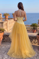 Load image into Gallery viewer, Sparkly Gold Halter A-Line Floral Hight Low Prom Dress with Pearls