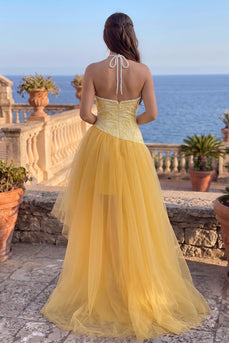 Sparkly Gold Halter A-Line Floral Hight Low Prom Dress with Pearls