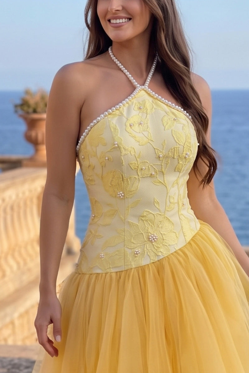 Load image into Gallery viewer, Sparkly Gold Halter A-Line Floral Hight Low Prom Dress with Pearls