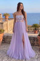 Load image into Gallery viewer, Fog A-Line Floral Tulle Strapless Appliqued Long Prom Dress with Slit
