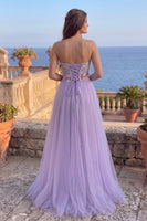 Load image into Gallery viewer, Fog A-Line Floral Tulle Strapless Appliqued Long Prom Dress with Slit