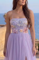 Load image into Gallery viewer, Fog A-Line Floral Tulle Strapless Appliqued Long Prom Dress with Slit