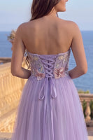 Load image into Gallery viewer, Fog A-Line Floral Tulle Strapless Appliqued Long Prom Dress with Slit