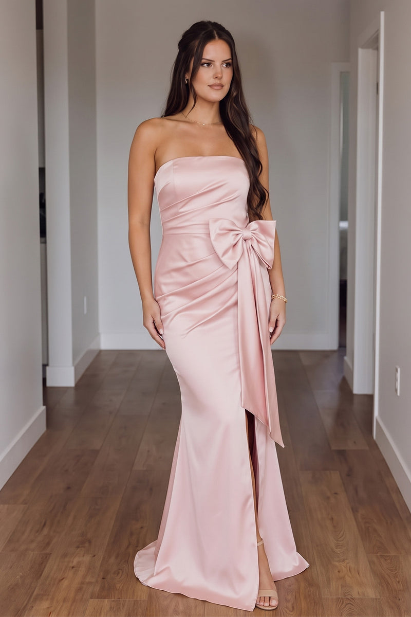 Load image into Gallery viewer, Pink Satin Ruched Mermaid Strapless Long Prom Dress with Bow
