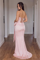 Load image into Gallery viewer, Pink Satin Ruched Mermaid Strapless Long Prom Dress with Bow