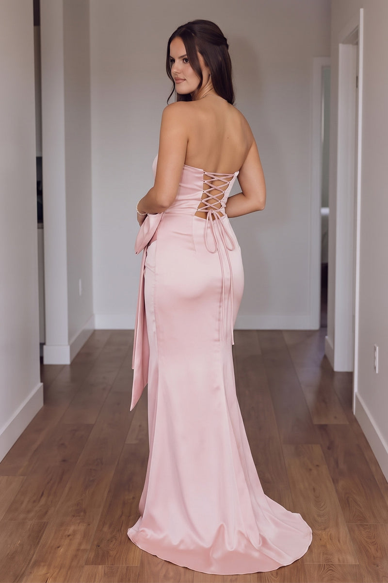 Load image into Gallery viewer, Pink Satin Ruched Mermaid Strapless Long Prom Dress with Bow