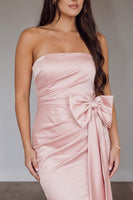 Load image into Gallery viewer, Pink Satin Ruched Mermaid Strapless Long Prom Dress with Bow