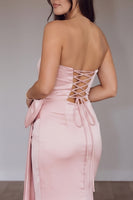 Load image into Gallery viewer, Pink Satin Ruched Mermaid Strapless Long Prom Dress with Bow