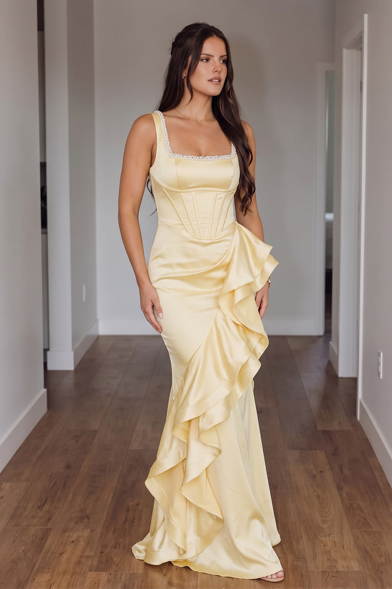 Load image into Gallery viewer, Gold Mermaid Square Neck Satin Corset Ruffled Long Prom Dress