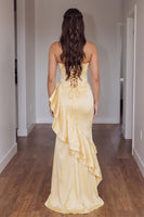 Load image into Gallery viewer, Gold Mermaid Square Neck Satin Corset Ruffled Long Prom Dress