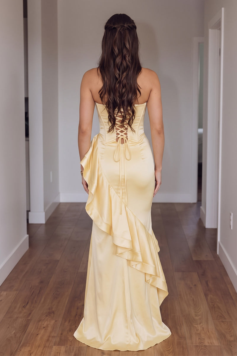 Load image into Gallery viewer, Gold Mermaid Square Neck Satin Corset Ruffled Long Prom Dress